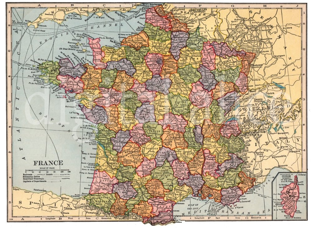 フランスアンティーク　MAP 1929 Lithograph Color Map France 19th Century Napoleon