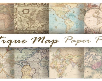 Puede incluir: Un paquete de papel digital con ocho mapas del mundo vintage en varios estilos y paletas de colores. Los mapas están todos en un estilo antiguo y desgastado, con colores desvaídos y bordes desgastados. El texto "Antique Map Paper Pack" se muestra en la parte superior de la imagen.