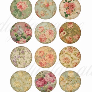 SHABBY ROSES  Craft Circles Instant Download Digital Printable -Vintage Cabbage Rose Wallpaper -   -Bottlecaps Collage Sheet -  DiY