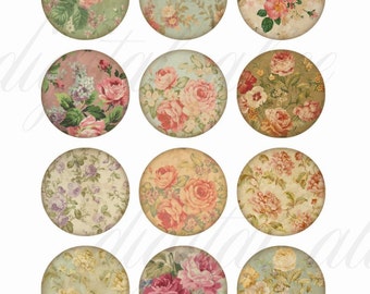 SHABBY ROSES Craft Circles Instant Download Digital Imprimible -Vintage Cabbage Rose Wallpaper - -Bottlecaps Collage Sheet - DiY