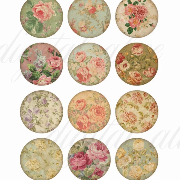 SHABBY ROSES  Craft Circles Instant Download Digital Printable -Vintage Cabbage Rose Wallpaper -   -Bottlecaps Collage Sheet -  DiY