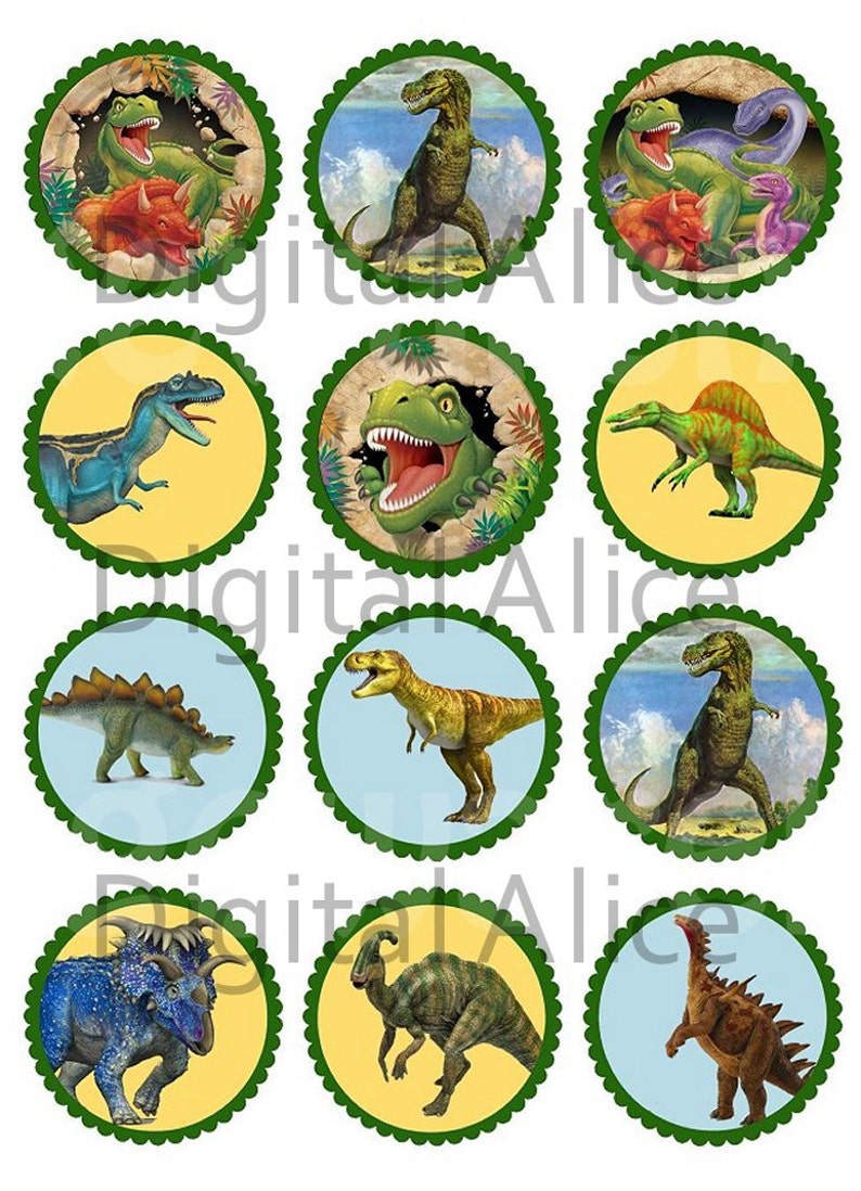 May include: Twelve round cupcake toppers featuring different dinosaurs in various poses and colors. The toppers are printed on white paper with a green scalloped border.