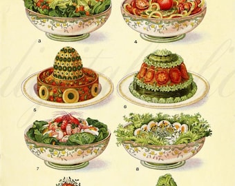 VINTAGE SALADS POSTER - Antique Mrs. B's Fancy Salads and Greens Dishes -Instant Download Digital Printable Print Chart - Kitchen Art