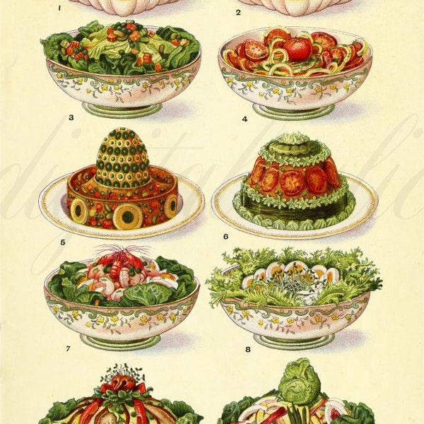 VINTAGE SALADS POSTER - Antique Mrs. B's Fancy Salads and Greens Dishes -Instant Download Digital Printable Print Chart - Kitchen Art