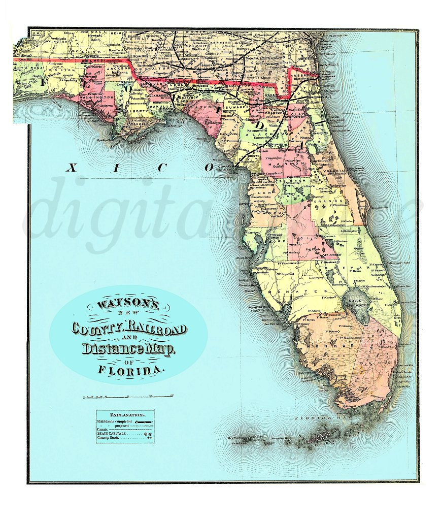 VINTAGE FLORIDA MAP 1885 -instant Download Digital Printable- - 8 X 10,11 X  14 - Diy Print as Many as You Like - Etsy, image size:871x1022