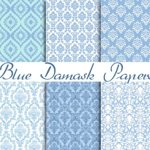 Antique DAMASK PATTERN PAPERS - Digital Paper Pack -6 Vintage Look Blue Papers  -Instant Download Digital Printable Papers  - DiY