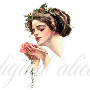 Antique GLAMOUR GIRL PRINT - Digital Download Printable Poster Wall Art - Harrison Fisher - a Christmas Rose- Instant Download