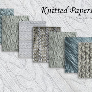 Peut inclure: Huit textures de tricot diff&eacute;rentes en bleu clair et gris. Papiers tricot&eacute;s 8,5 x 11 pouces.