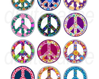 PEACE SIGNS Craft Circles - hippie FLOWER POWeR 60's Peace Signs - Instant Download Digital Printable-  -Bottlecaps ,stickers,pendants