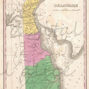 Vintage MAP of DELAWARE circa 1827 -  Colorful Antique Map Instant Download Digital Printable Map
