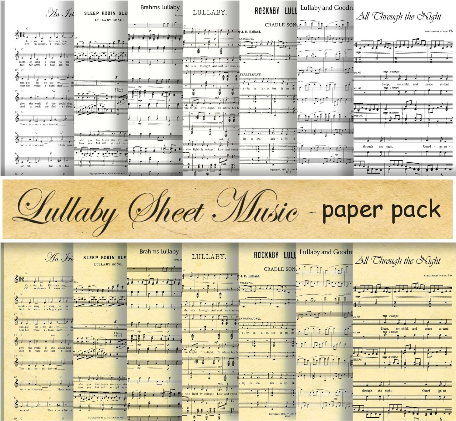 LULLABY SHEET MUSIC Digital Paper Pack 7 Baby Lullabies | Etsy