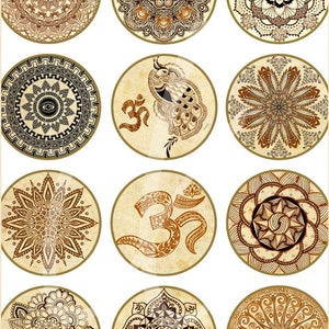 May include: Twelve round, decorative coasters with intricate mandala designs in shades of brown and black. Some coasters feature the Om symbol, while others have peacock and floral motifs.