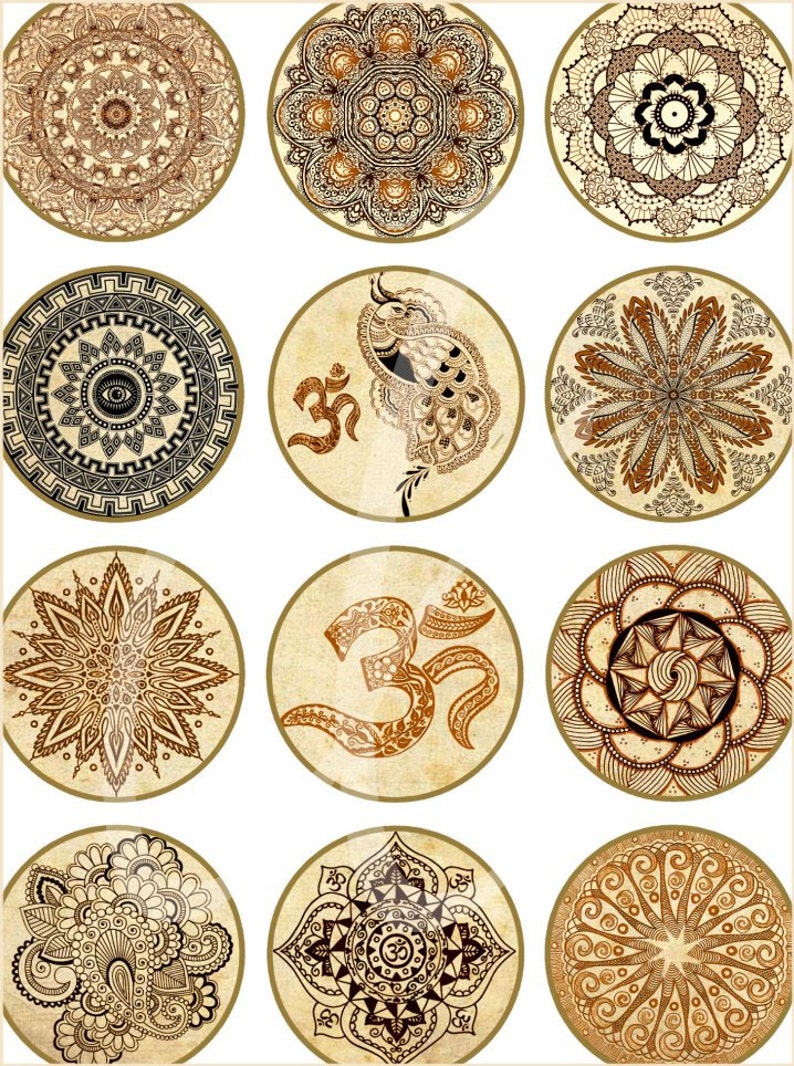 May include: Twelve round, decorative coasters with intricate mandala designs in shades of brown and black. Some coasters feature the Om symbol, while others have peacock and floral motifs.