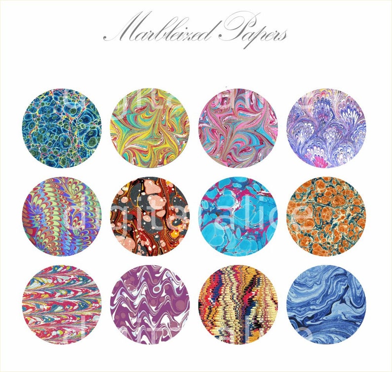 May include: Twelve circular images of marbled paper in various colors and patterns. The title "Marbled Papers" is written in cursive at the top of the image.