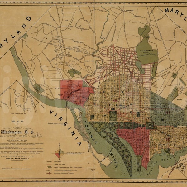 Vintage WASHINGTON DC MAP - Old Map 1887 Washington Dc. and Environs -  Colorful Antique Map Instant Download Digital Printable Map