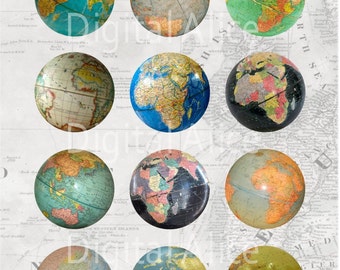May include: Nine vintage world globes with different colored maps and designs. The globes are 2 inches in diameter and are arranged in three rows of three. The globes are on a white background with a vintage map pattern.
