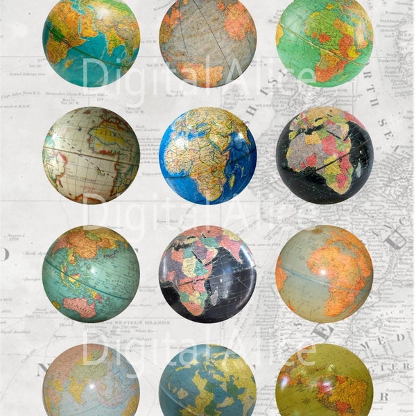 VINTAGE WORLD GLOBES Craft Circles - Retro Desk Globe - Instant Download Digital Printable Atlas Globe Circles -Bottlecaps Collage Sheet -