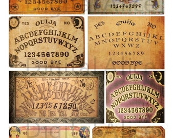 May include: A collection of vintage Ouija boards, each with a unique design. The boards feature the alphabet, numbers, and the words "Yes," "No," and "Goodbye." The boards are primarily brown with various decorative elements and text. The text "Vintage Ouija Boards - 2.5 inch" is at the bottom.