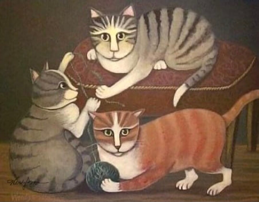 Buy　Print　India　Cats　Playful　Primitive　ART　Cat　in　Etsy　Painting　PRINT　FOLK　Online