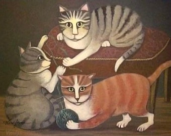 Cat FOLK ART PRINT - Playful Cats - primitive painting print-  signed Wendy Presseisen