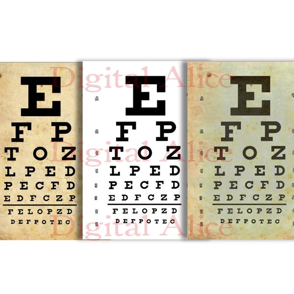 Vintage  EYE EXAM CHART - Instant Printable Download - 3 finishes - 8.5 x 11 in  Wall Art