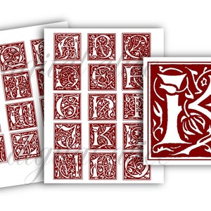 MEDIEVAL ILLUMINATED LETTERS- Fancy Gothic Initials Alphabet ABCs - 1 and 2 inch Squares - for Paper Crafts Scrapbooking more Christmas Red