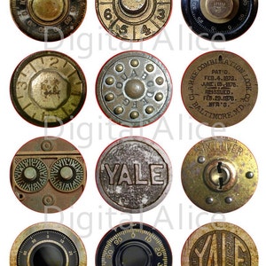 DIALES SEGUROS ANTIGUOS Craft Circles - Steampunk Safe Locks - Descarga instantánea Digital imprimible - Hoja de collage de tapas de botellas 4 tamaños
