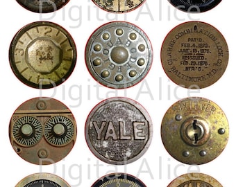 ANTIQUE SAFE DIALS Craft Circles - Steampunk Safe Locks - Instant Download Digital Printable  -Bottlecaps Collage Sheet 4 sizes