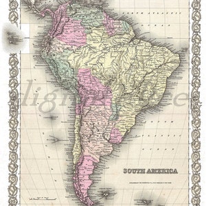 Może przedstawiać: Antyczna mapa Ameryki Południowej, zawierająca szczegółowe informacje geograficzne. Mapa jest kolorowana pastelowymi odcieniami i otoczona ozdobną ramką. Tytuł "SOUTH AMERICA" jest wyraźnie widoczny.