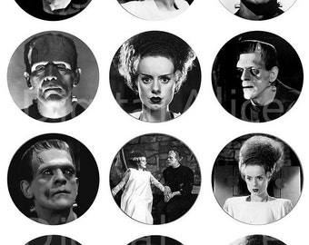 Vintage FRANKENSTEIN and BRIDE Craft Circles  -Instant Download Printable - Creepy Old Scary Movies Frankenstein Halloween Party DiY