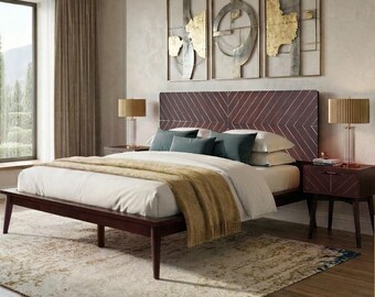 Loki Mid-Century Modern Bed Frame with Chevron Headboard, Espresso Finish & Multiple Sizes