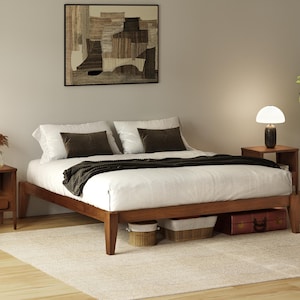 Japanese Joinery Bed Frame, Walnut Finish, Solid Wood Bed Platform, Minimalist Modern, Easy Assembly