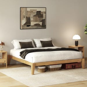 Japanese Joinery Bed Frame, Light Oak Finish, Solid Hevea Wood Platform, Easy Assembly