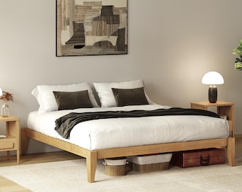 Japanese Joinery Bed Frame, Light Oak Finish, Solid Hevea Wood Platform, Easy Assembly