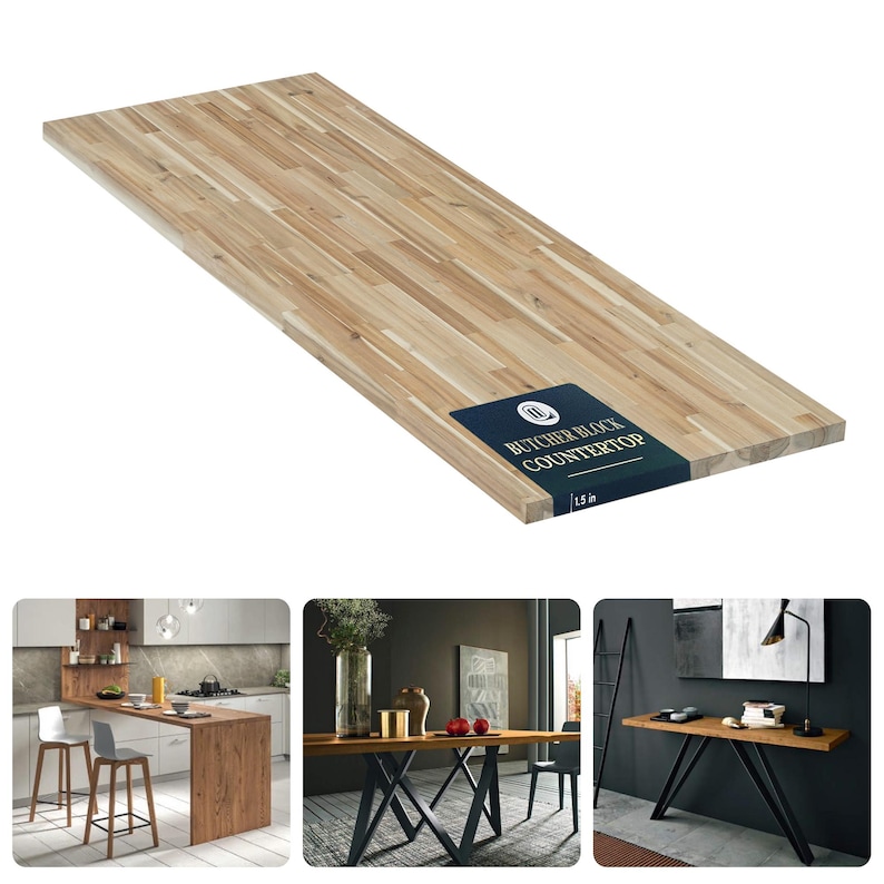 K&ouml;nnte beinhalten: Eine rechteckige Arbeitsplatte aus hellem Holz im Metzgerblock-Stil mit sichtbarer Maserung. Ein dunkelblaues Etikett an der Ecke tr&auml;gt den Text "BUTCHER BLOCK COUNTERTOP" und "3,8 cm". Die Oberfl&auml;che ist glatt mit variierenden Holzt&ouml;nen.