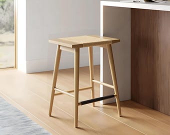 Solid Wood Counter Stool with Safe Metal Footrest Cover, Textured Woven Seat