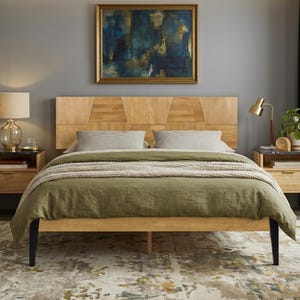 Nesto Wooden Bed Frame with Geometric Headboard & Matte Metal Legs, Light Oak Finish