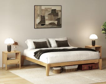Japanese Joinery Bed Frame, Light Oak Finish, Solid Hevea Wood Platform, Easy Assembly