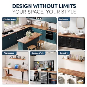 K&ouml;nnte beinhalten: Eine Collage von Innenr&auml;umen mit Arbeitsplatten und Regalen aus Holz. Der Text lautet: DESIGN WITHOUT LIMITS YOUR SPACE, YOUR STYLE. Die Szenen zeigen eine K&uuml;che, ein Badezimmer, einen Arbeitsplatz, eine Garage und eine Waschk&uuml;che.
