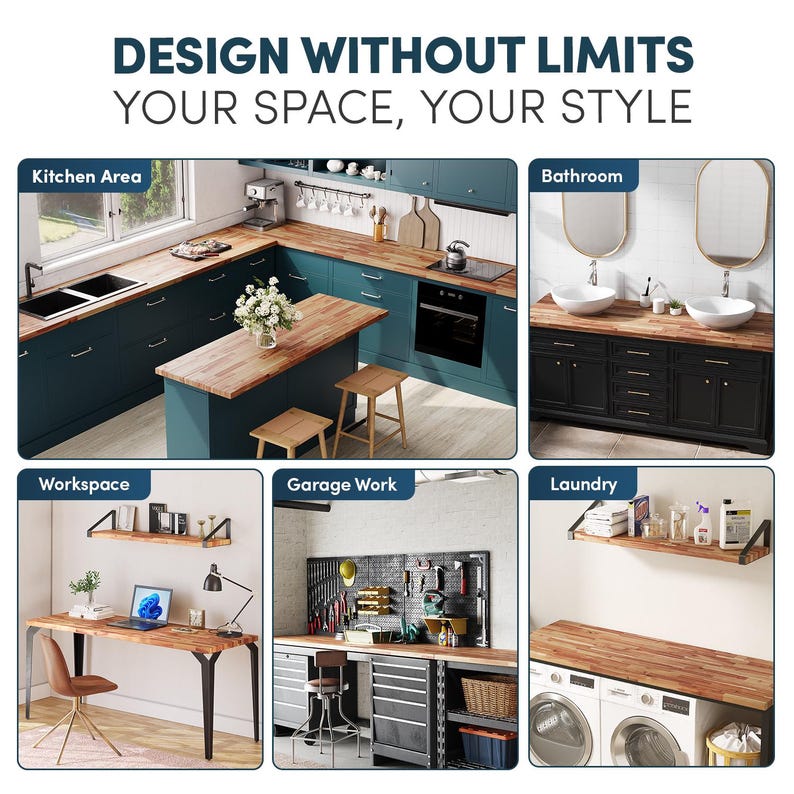 K&ouml;nnte beinhalten: Eine Collage von Innenr&auml;umen mit Arbeitsplatten und Regalen aus Holz. Der Text lautet: DESIGN WITHOUT LIMITS YOUR SPACE, YOUR STYLE. Die Szenen zeigen eine K&uuml;che, ein Badezimmer, einen Arbeitsplatz, eine Garage und eine Waschk&uuml;che.