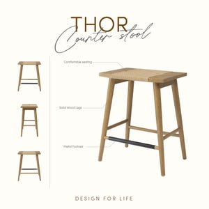 Thor Wicker Counter Height Barstool with Paper Rope, Backless Island Bar Stool for Kitchen, Solid Wood, Eco-Friendly, Modern Design (1pc)