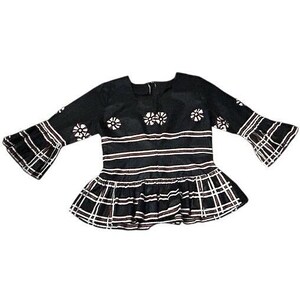 May include: Black top with long bell sleeves and a square neckline. The top features white floral accents and horizontal stripes in white and brown. The bottom has a plaid pattern in black and white.