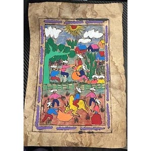 VTG Handmade Nahua Style Amate Bark Painting Folk Art 11.5x8 Mexican Decor