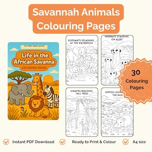 Savannah Animal Colouring Pages | Safari Animal for Kids | Printable African Wildlife Activity | Zoo Animal Coloring Book | Instant Download