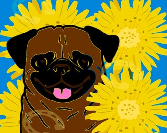 Pug In The Dandelions - 5x7 Printable All Purpose Greeting Card - PDF Download