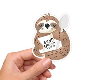 Send Spoons Sticker – Cute Sloth Spoonie Vinyl Decal, Chronic Illness Awareness Sticker, Spoon Theory Sticker, Waterproof Sticker