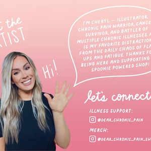 May include: A pink background with the text "meet the ARTIST" and "Hi!". A woman with blonde hair is smiling and waving. Text in a speech bubble says "I'm Cheryl - Illustrator..." and "let's connect!" with social media handles.