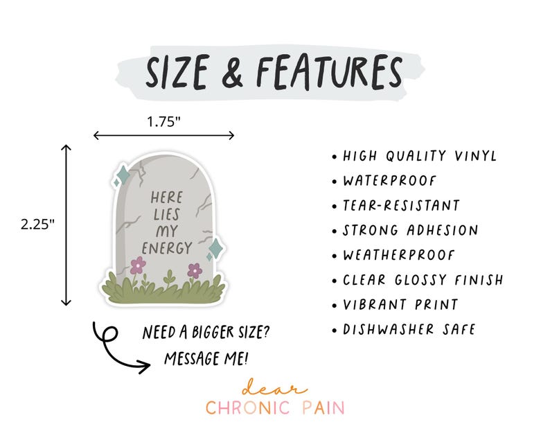 May include: A sticker with a tombstone design, measuring 1.75 inches wide and 2.25 inches tall. The tombstone reads "Here Lies My Energy" with flowers and grass at the base. Features include high-quality vinyl, waterproof, and a clear glossy finish.