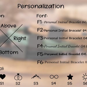 May include: Image detailing personalization options for a bracelet. Text includes "Personalization", "Position" (Above, Left, Right, Bottom), and "Font" (F1-F6). Symbols include a heart, rings, mountains, infinity, a star, and a sun.