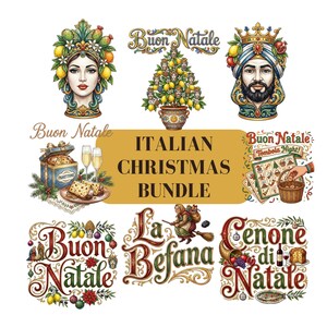 May include: An Italian Christmas bundle with various illustrations. Includes a woman's portrait with a lemon headdress, a man with a crown, a Christmas tree made of lemons, and the text "Buon Natale". Also features panettone and La Befana.